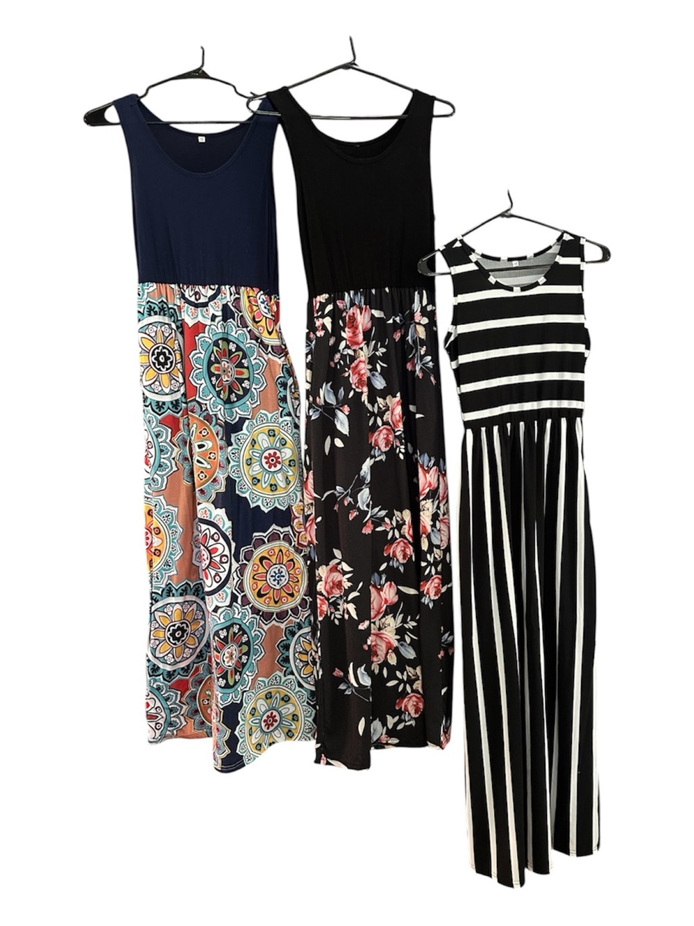 Three maxi summer dresses with pockets.
